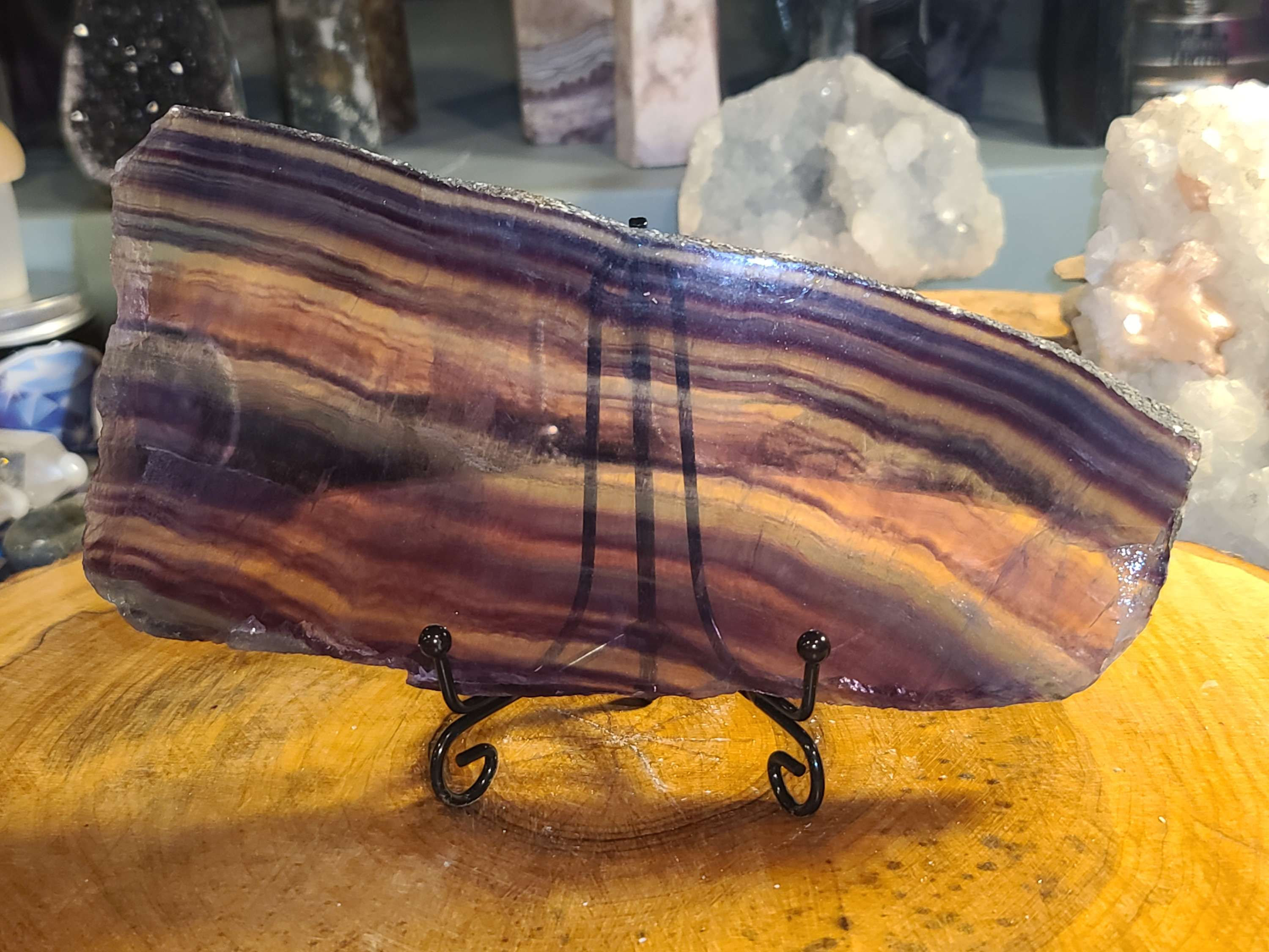 Rainbow fluorite crystal slab