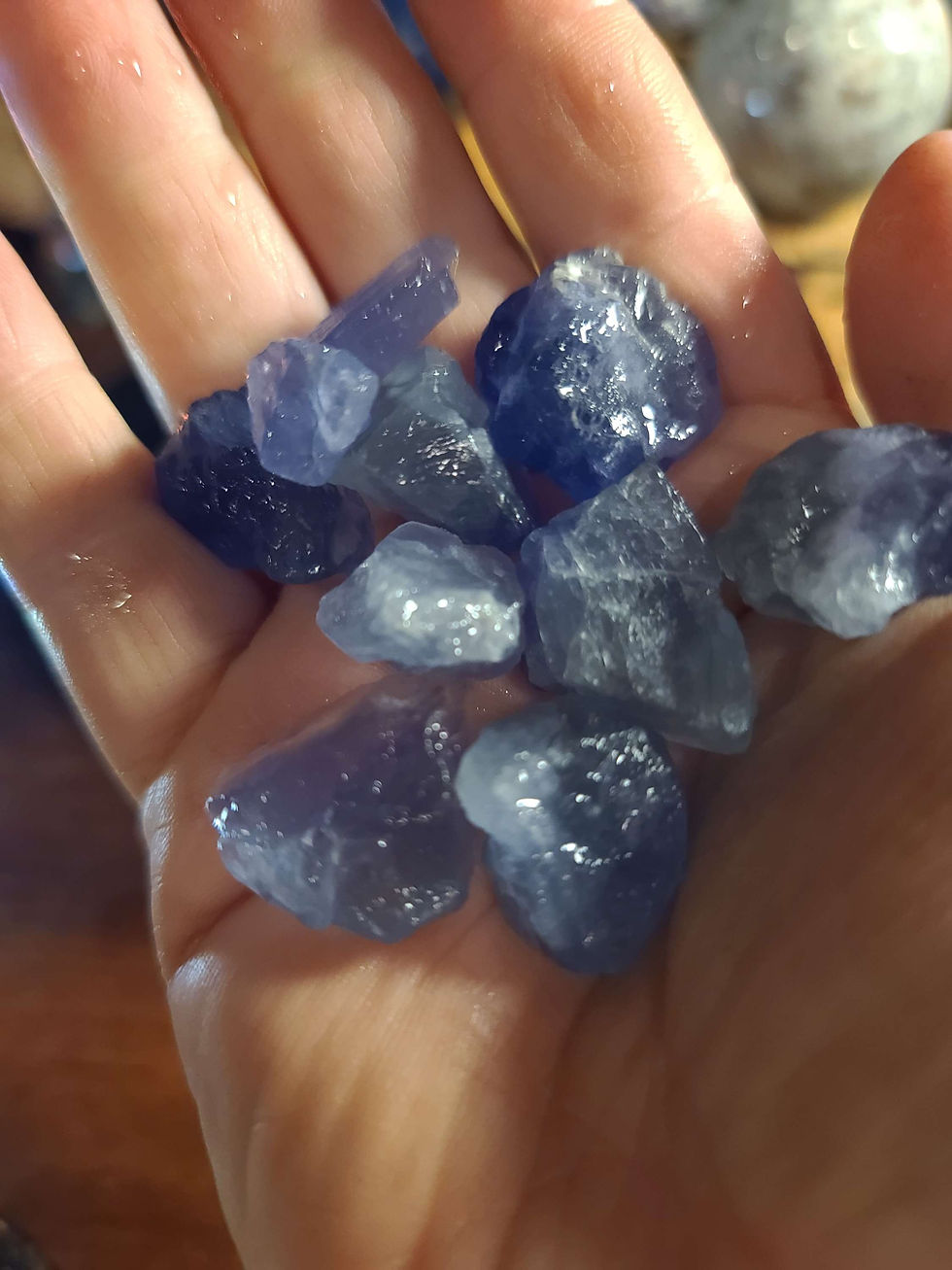 Thumbnail: 10 assorted pieces of raw blue fluorite crystal specimen pictured wet 4 clarity