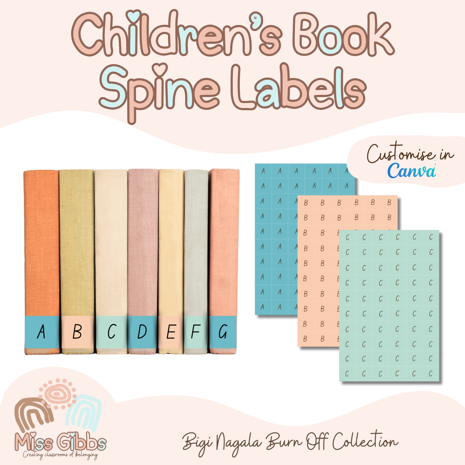 Children's Book Spine Labels matching Bigi Nagala Burn Off | Canva Template