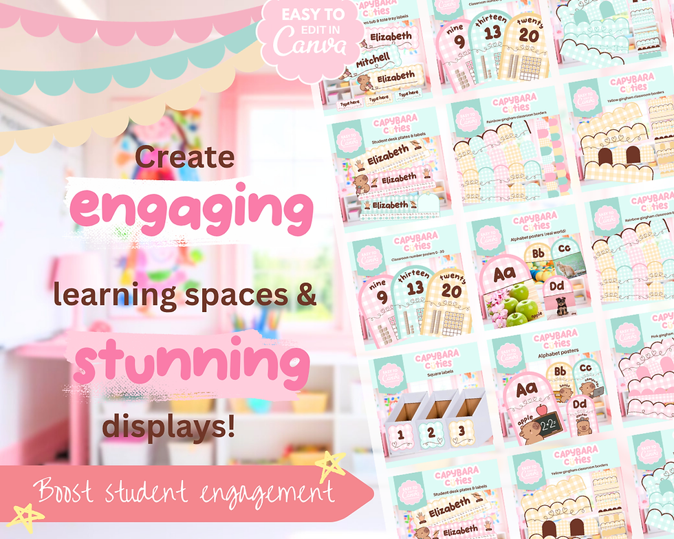 Thumbnail: Pastel Gingham Capybara classroom decor bundle (MEGA) growing bundle | Canva
