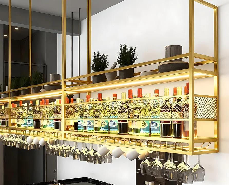 Hanging Metal Wine Rack, 2-Tier Bar Display & Glass Holder for Kitchen/Bar