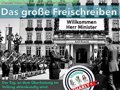 Die Bürgermeisterin empfängt den Minister vor dem festlich geschmückten Rathaus