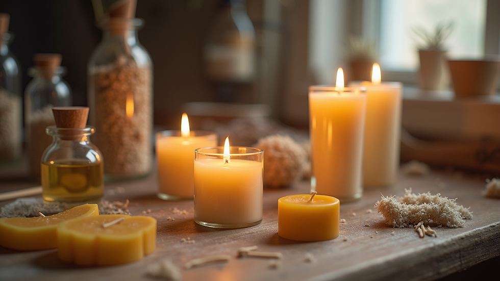 Eye-level view of a candle-making workspace with wax, wicks, and fragrance oils