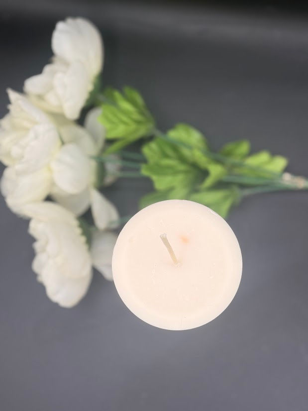 Thumbnail: 3x6 inch round beige,soy pillar candle scented with vanilla oak