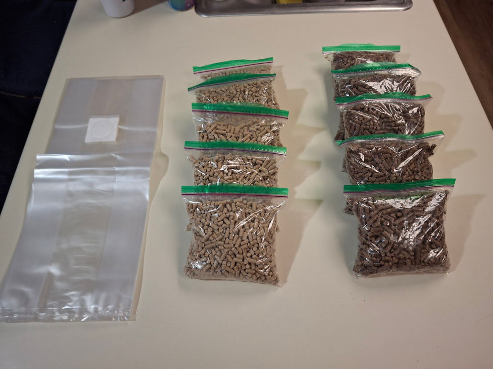 Both of the soy hull pellets and the Oak Hardwood pellets are pre weighed in 1lb bags and added to the filter patch autoclave bags
