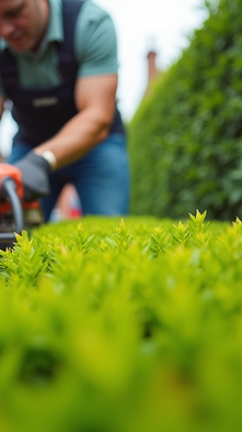 Worker trimming a hedge in a residential estate in Roodepoort.