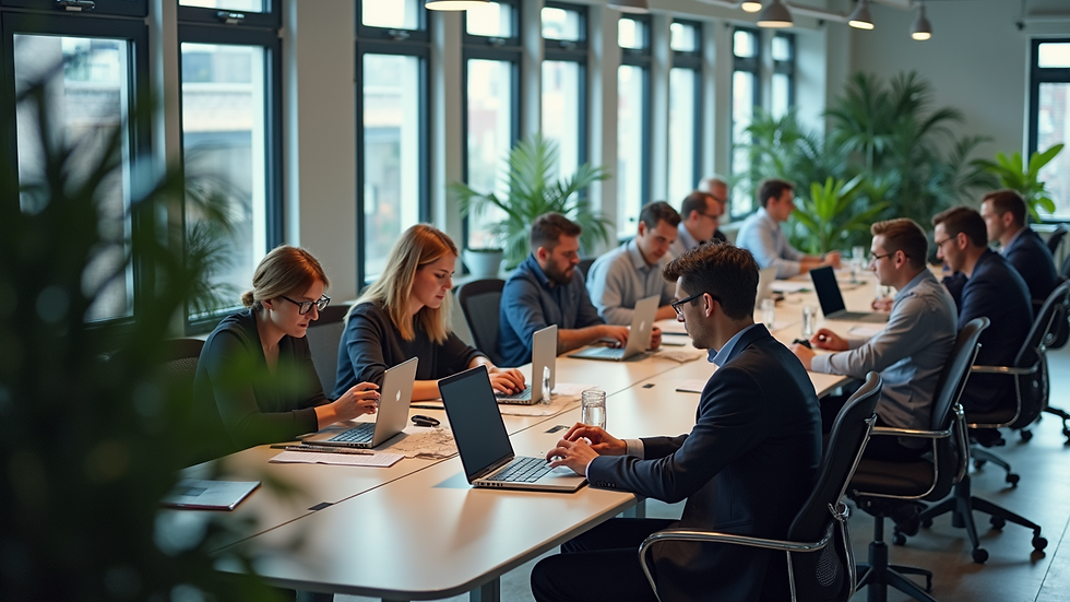 High angle view of a bustling office with employees collaborating