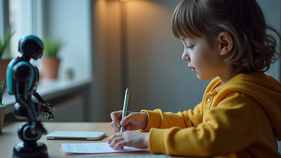 Close-up view of a child programming a small robot on a desk