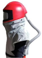 red blasting helmet with pipe for air