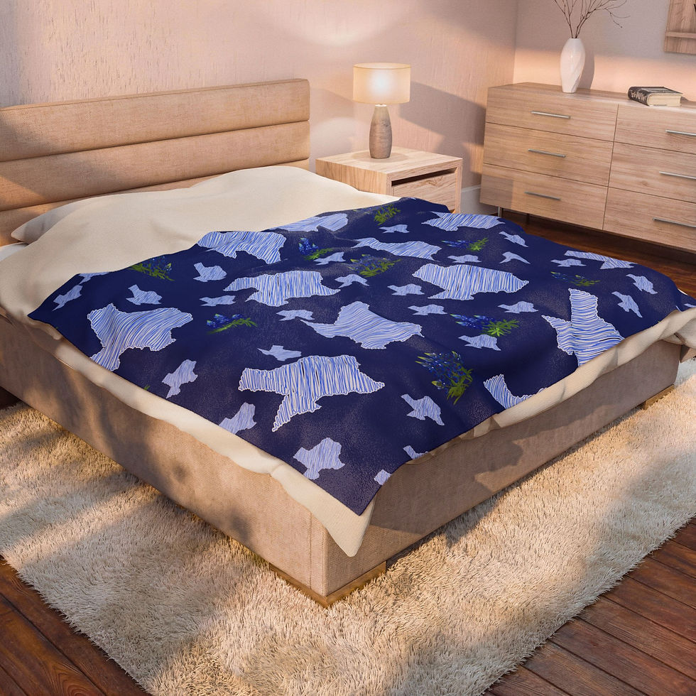 Thumbnail: Light Blue Texas shapes/clusters of blue bonnets  on dark blue Velveteen Blanket
