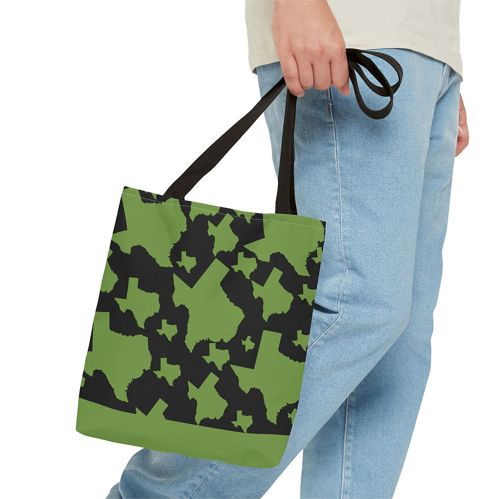 Thumbnail: Texas Tote Bag — Front Sage Green TX on Black/Back Black TX on Sage Green Tote