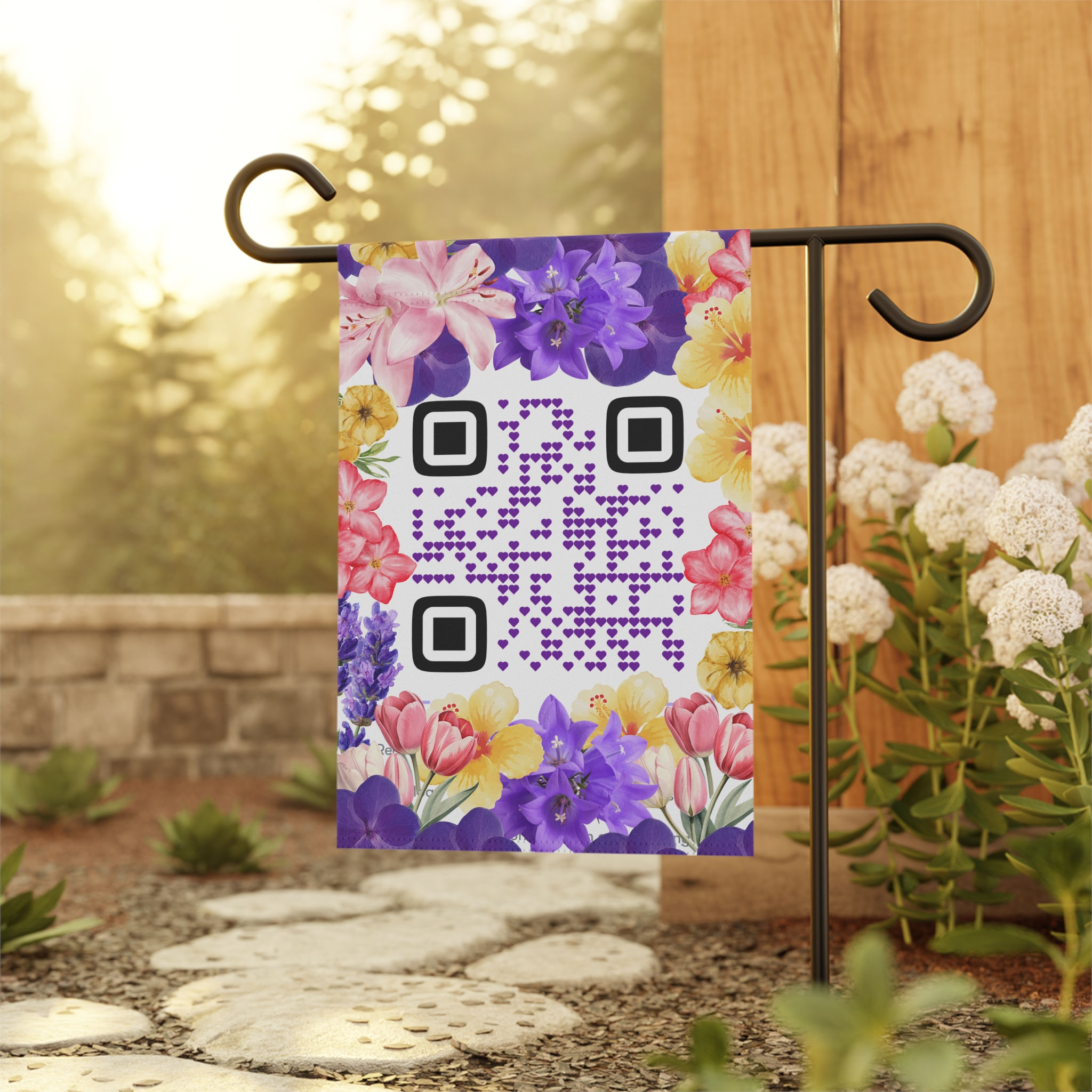 SCAN ME - Floral QR Garden Flag — House Banner with Purple QR Code