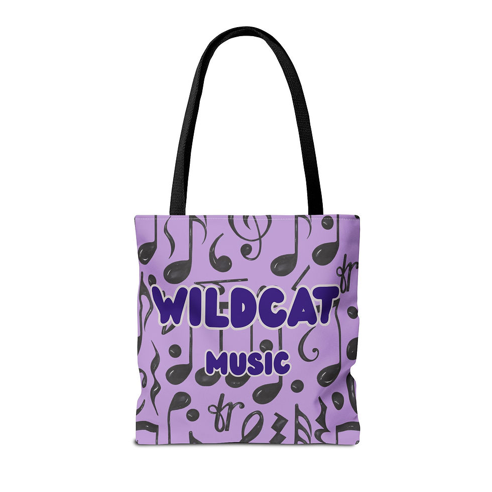 Thumbnail: Music Notes Wildcat Tote Bag – 'Wildcat Music' Purple All-Over Print