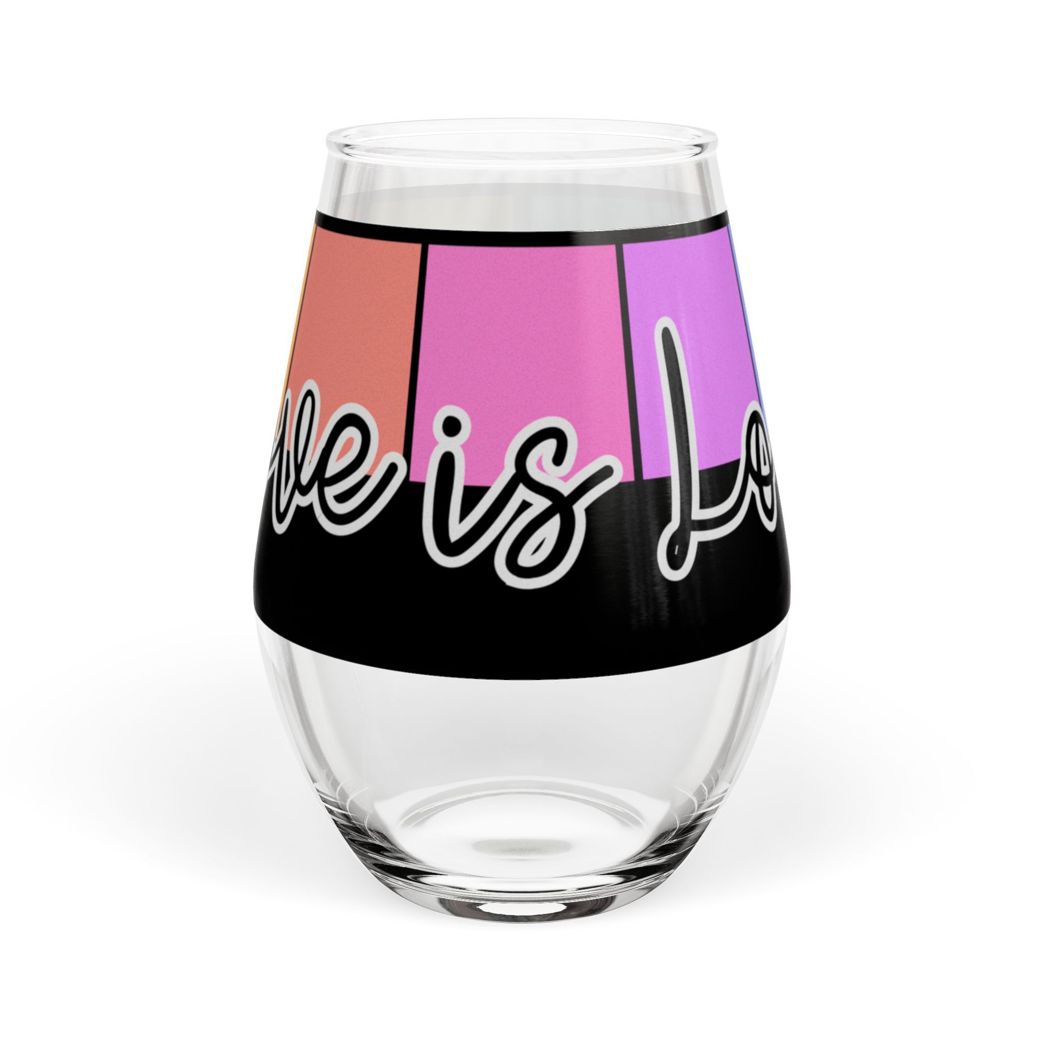 Stemless Wine Glass — "Love Is Love" Rainbow Pride Glassware, 11.75 oz