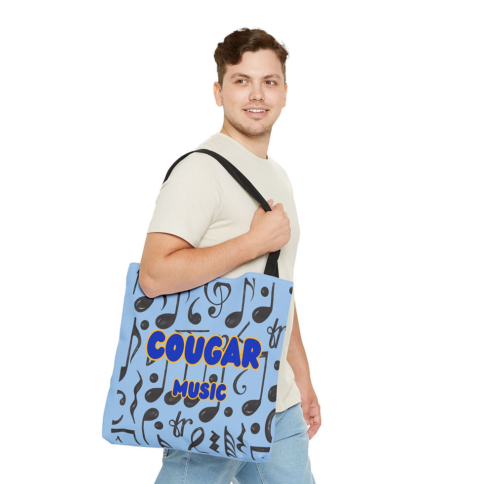 Thumbnail: Cougar Music Tote Bag (blue/ yellow-gold) — Blue Musical Notes All-Over Print