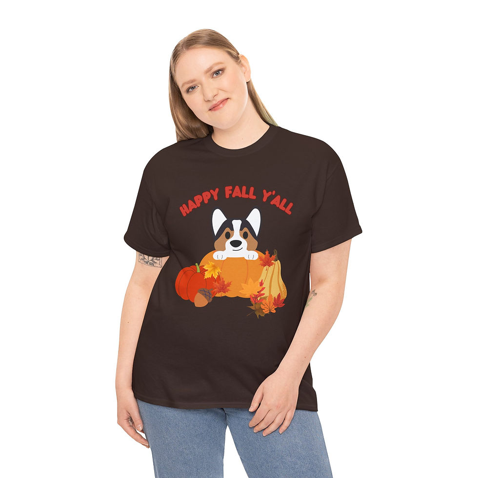 Thumbnail: Happy Fall Y'all Black Headed Tri-corgi Heavy Cotton Tee, dog lover, fun gift