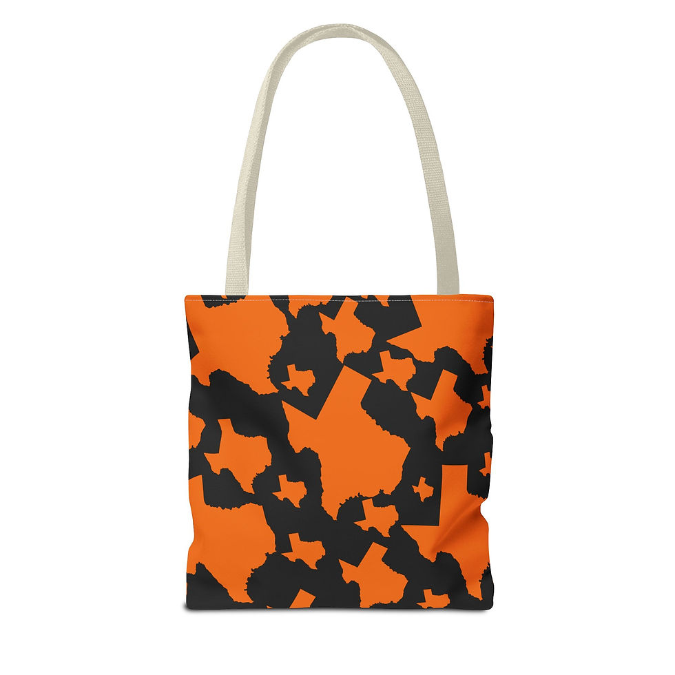 Thumbnail: Texas Pattern Tote Bag – Orange & Black State Silhouette All-Over Print