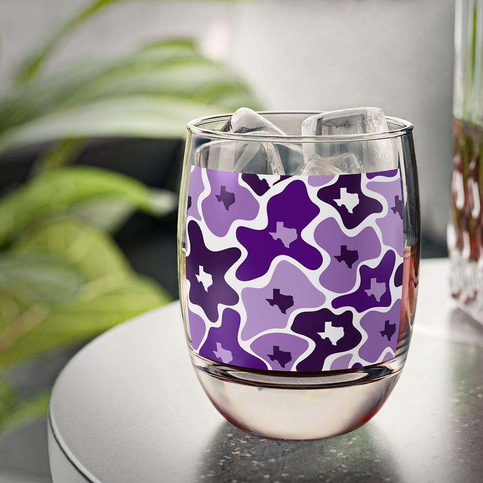 Thumbnail: Purple Camo with State of Texas Whiskey Glass — Retro Starburst Spirits Tumbler