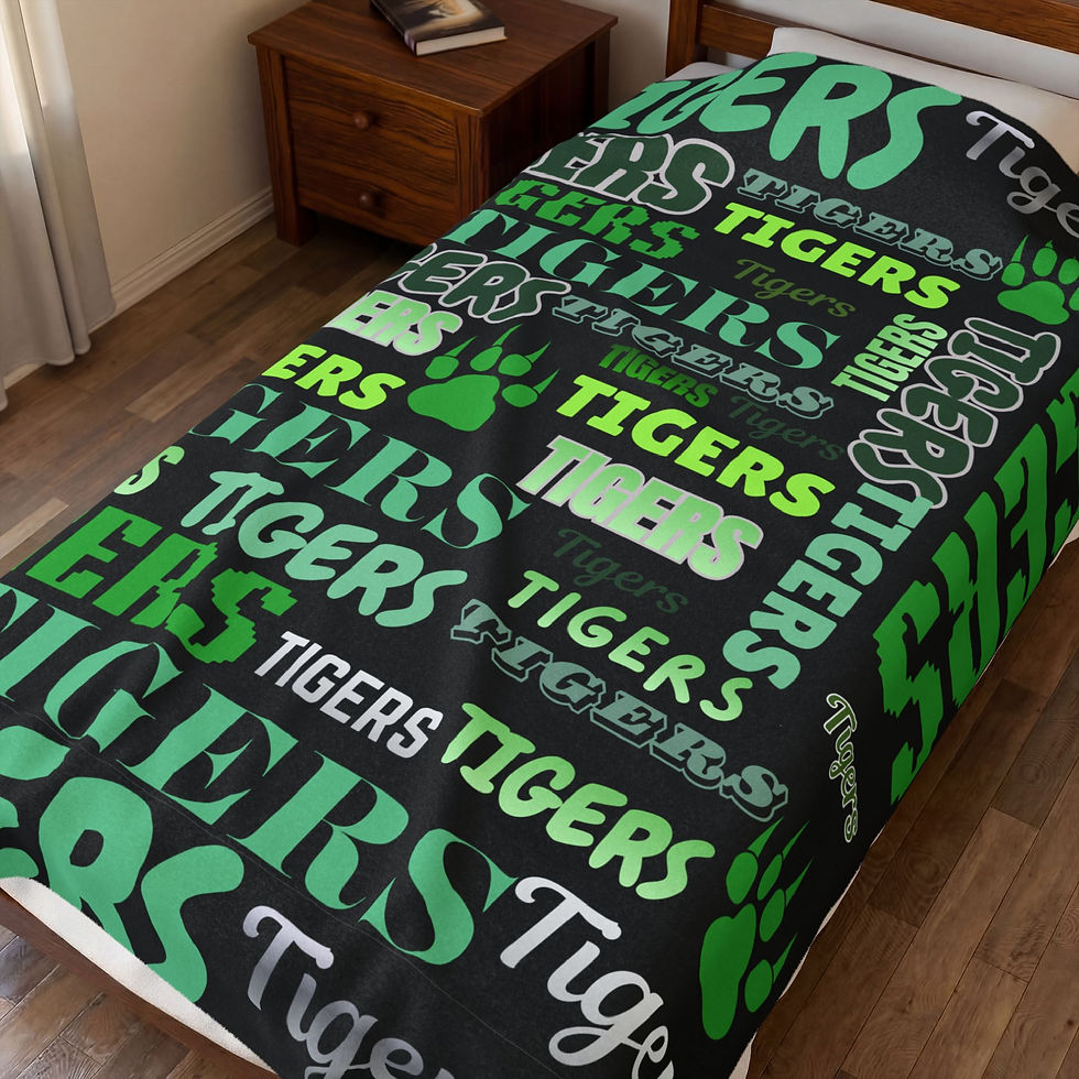 Thumbnail: Tigers Velveteen Blanket–Green & Black Team Word Pattern, School Spirit Throw