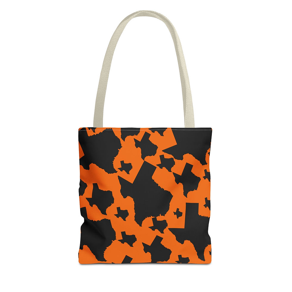 Thumbnail: Texas Pattern Tote Bag – Orange & Black State Silhouette All-Over Print