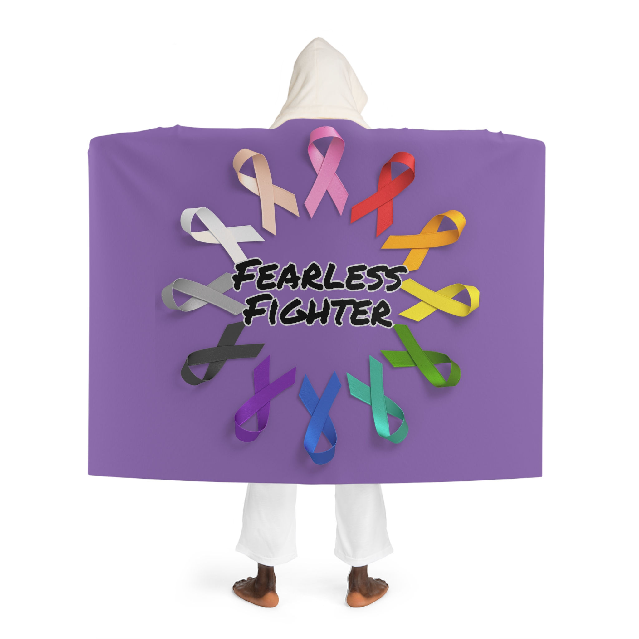 Hooded Sherpa Blanket – Purple Cozy Fearless Fighter with cancer ribbons