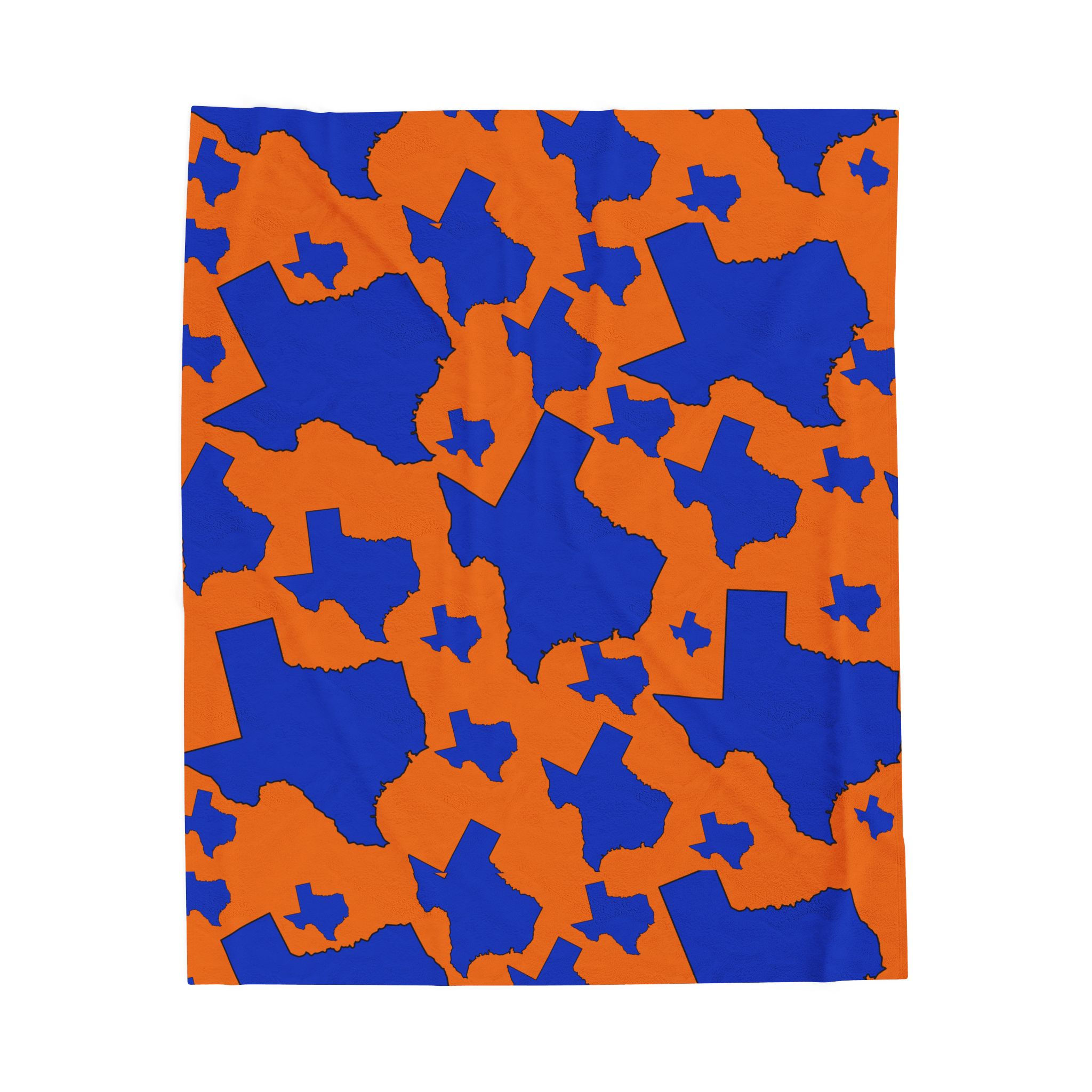 Texas Pattern Velveteen Plush Blanket — Orange & Blue State Silhouette Throw