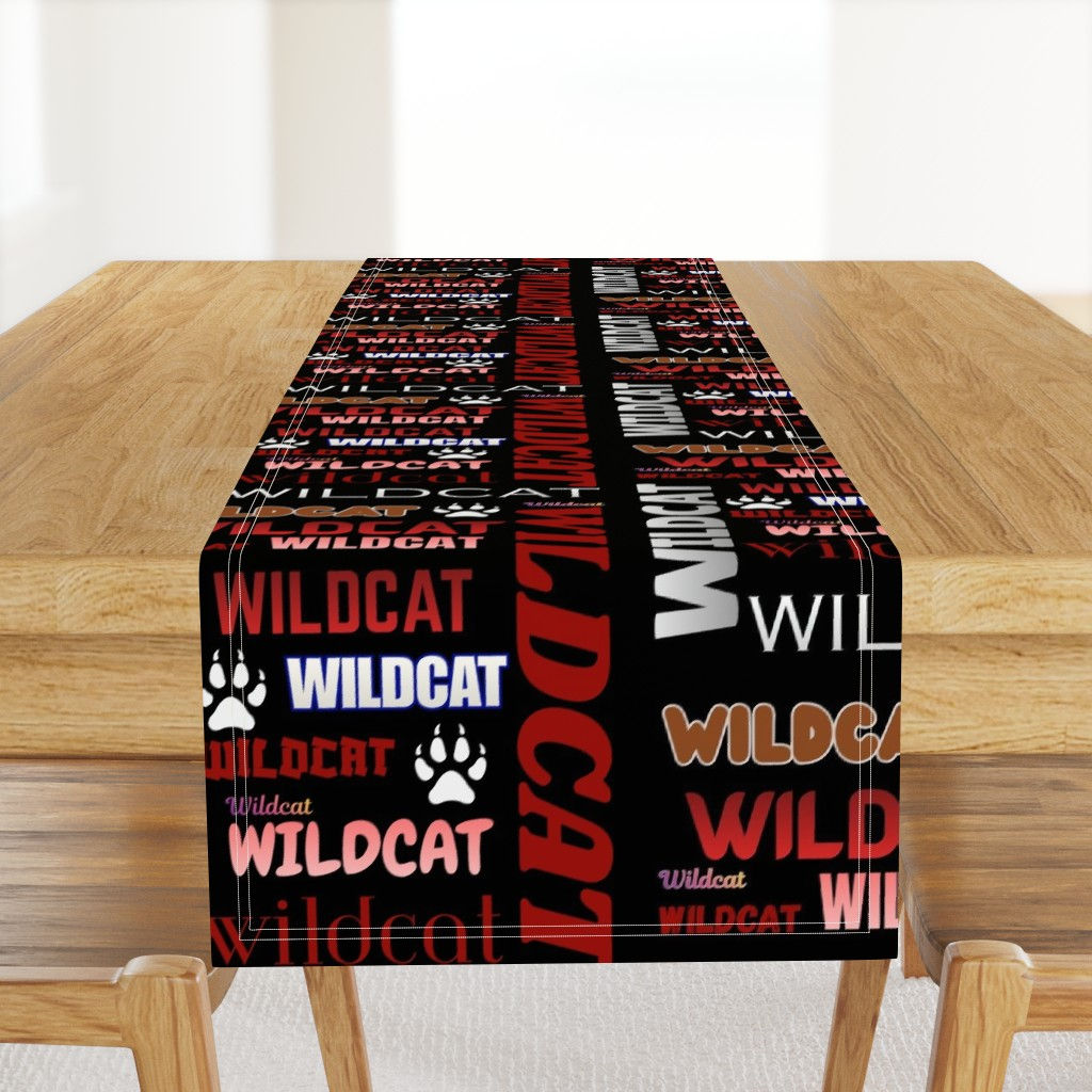 WILDCATS word collage Red/Black/grey on Black Table Runner