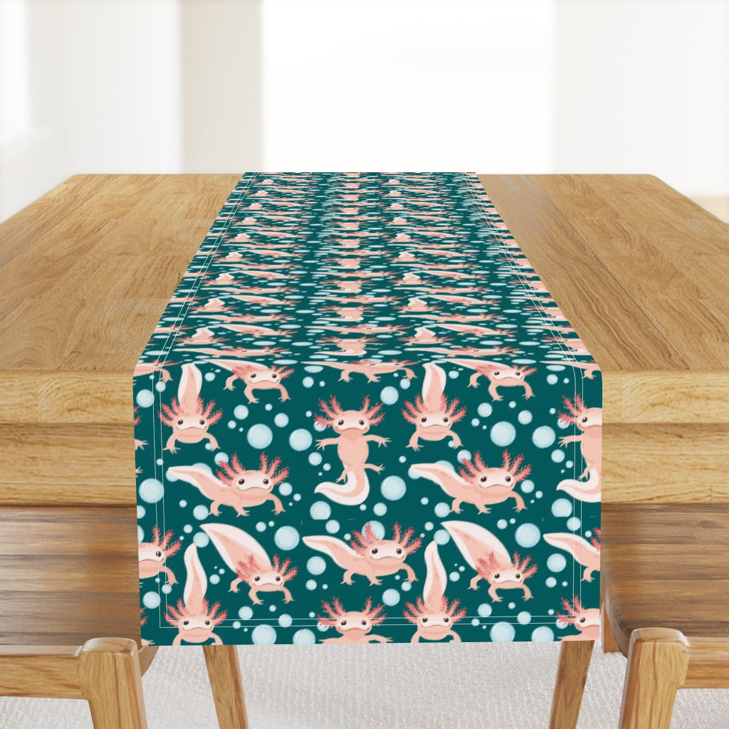 Axolotl with bubbles swimming on teal Table Runner