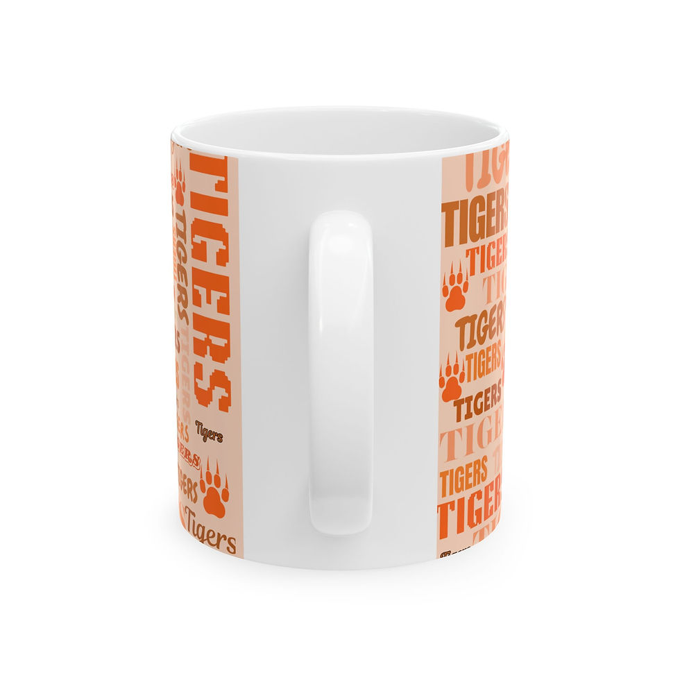 Thumbnail: Tigers Pattern Ceramic Mug — Orange Paw Print & 'Tigers' Word Cloud (11oz/15oz)