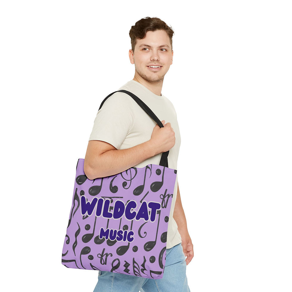 Thumbnail: Music Notes Wildcat Tote Bag – 'Wildcat Music' Purple All-Over Print