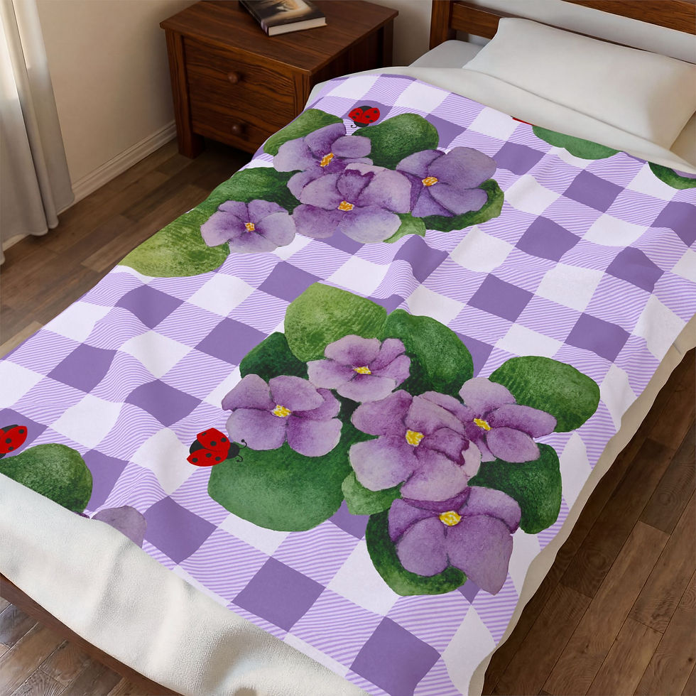 Thumbnail: Velveteen Blanket — Purple Gingham Violets with Ladybug Plush Throw