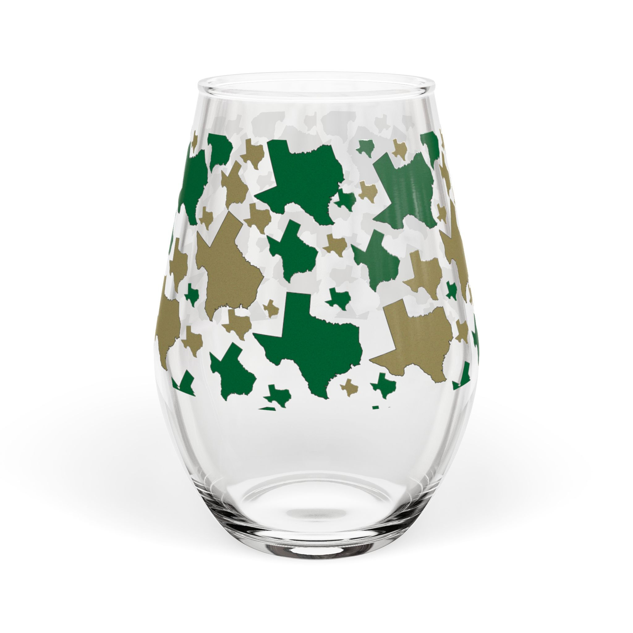 Texas Stars Stemless Wine Glass – Green & Gold State Silhouette 11.75 oz