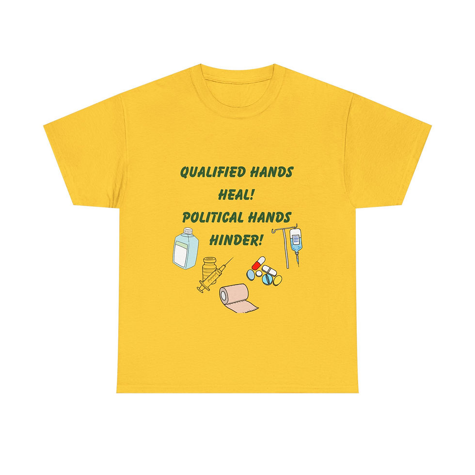 Thumbnail: QUALIFIED HANDS HEAL, POLITICAL HANDS HINDER Unisex Heavy Cotton Tee