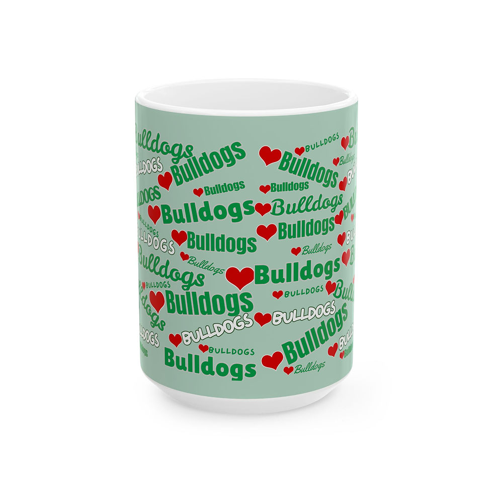Thumbnail: Bulldogs Heart Pattern Ceramic Mug — Green Repeat-Text 11oz & 15oz