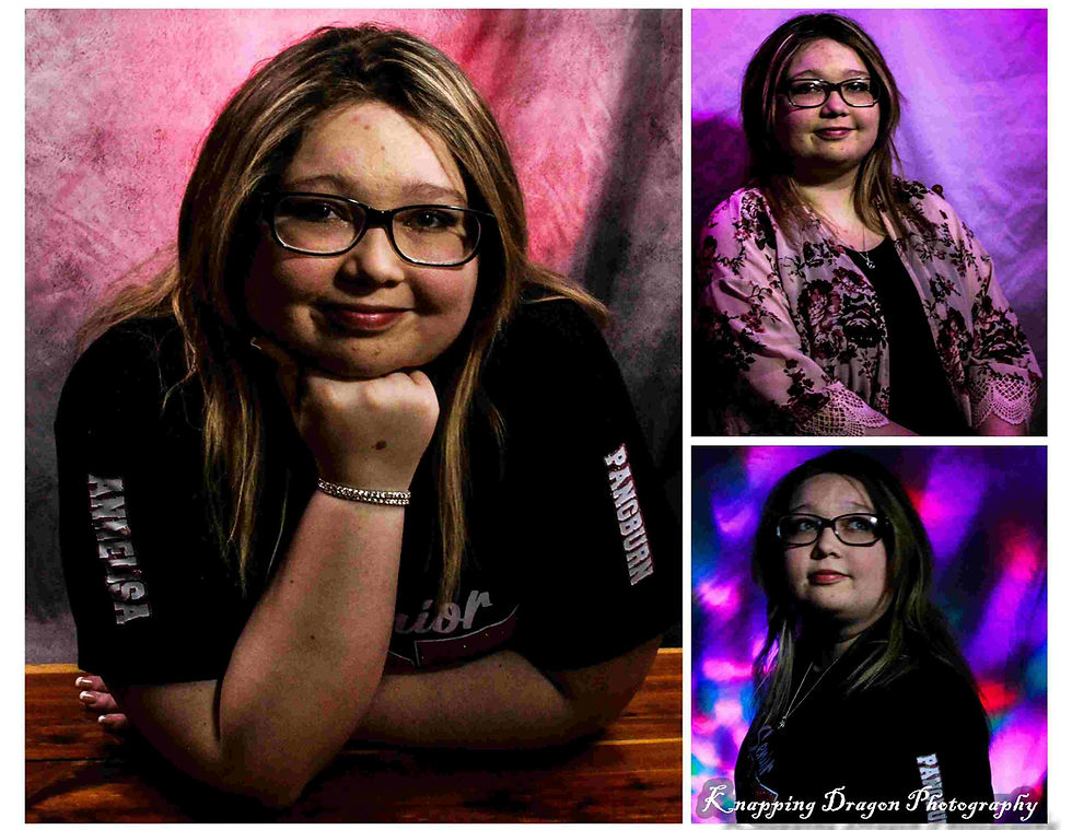 A creative portrait series by Knapping Dragon Photography captures a young woman in various poses against vibrant and colorful backdrops, highlighting her relaxed and confident demeanor.