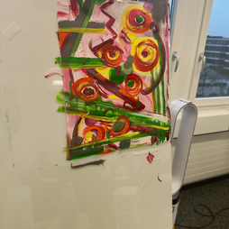 A vibrant display of intuitive artwork created by participant during a workshop at ConnectedLiving in Cham