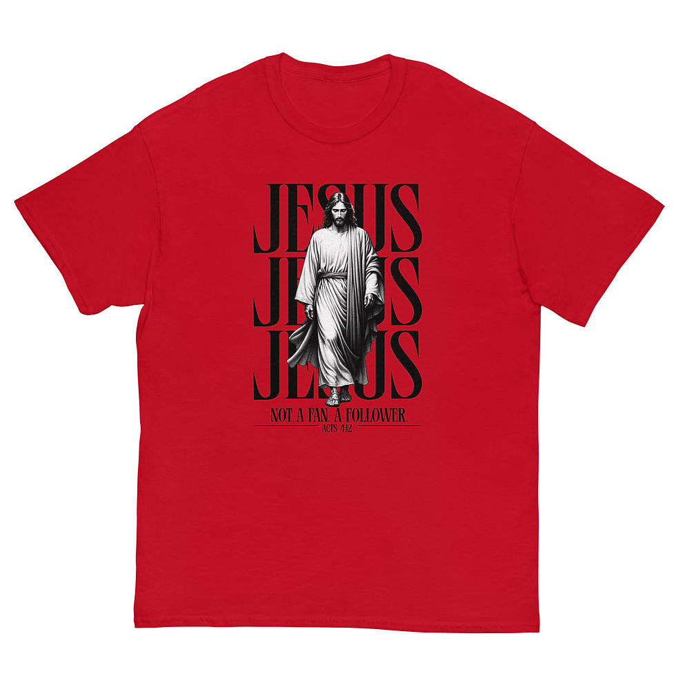 Thumbnail: White unisex T-shirt with bold black typography reading “JESUS Not a Fan, a Follower – Acts 4:12,” modern faith-based design