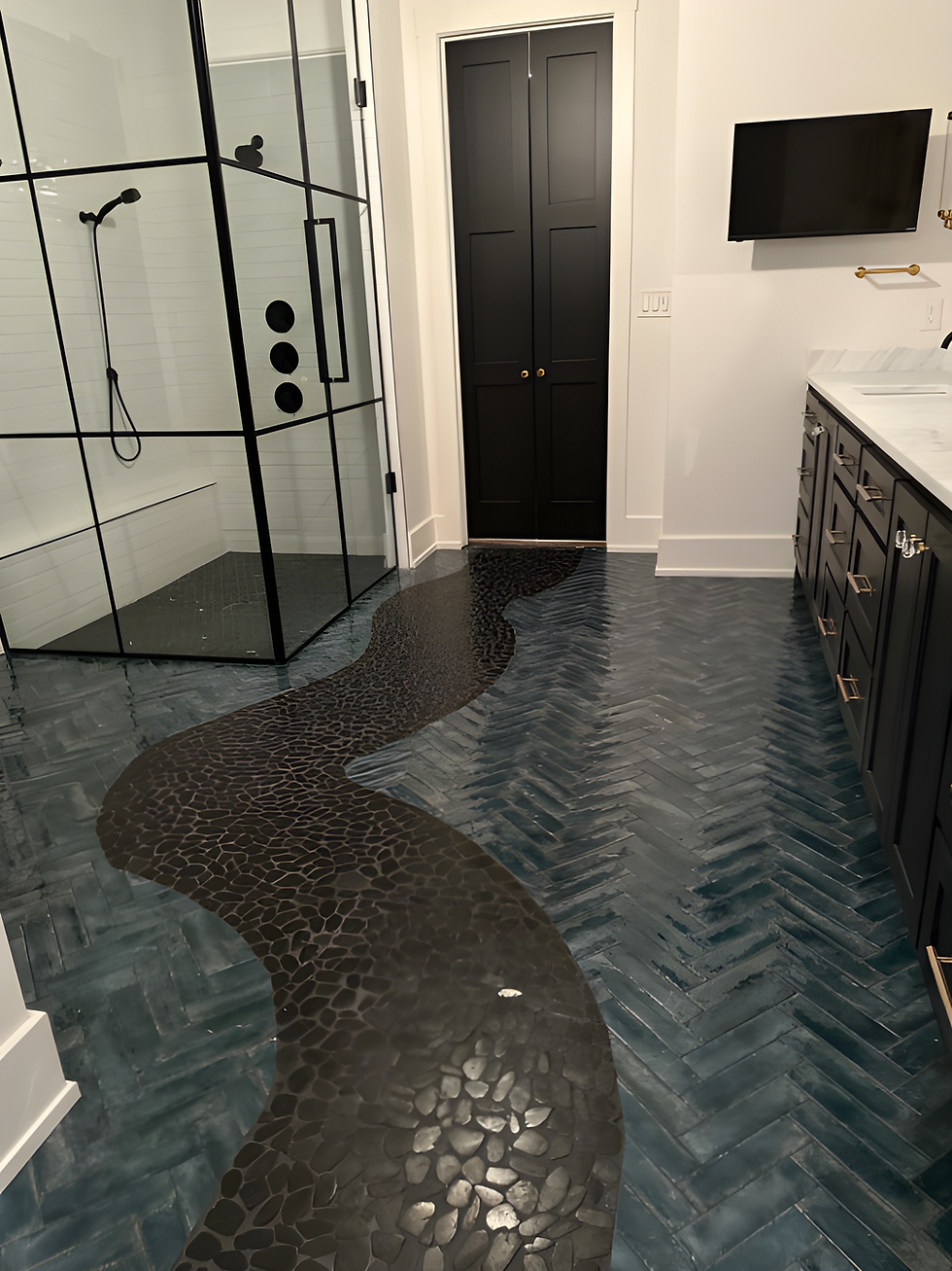 Residential tile installation with river stone floor path.