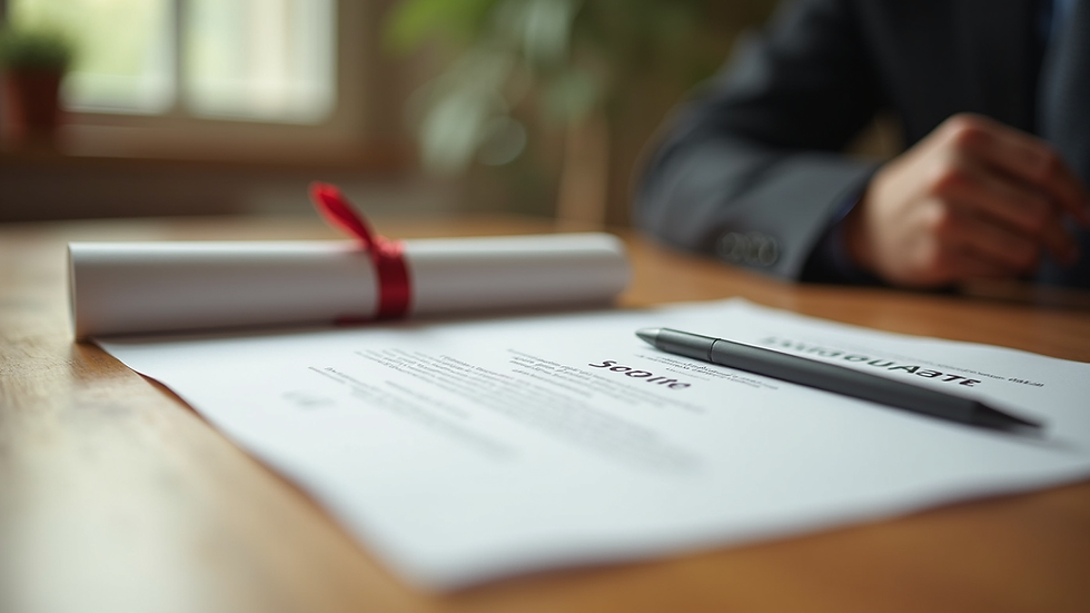 Close-up view of a certification diploma on a wooden table
