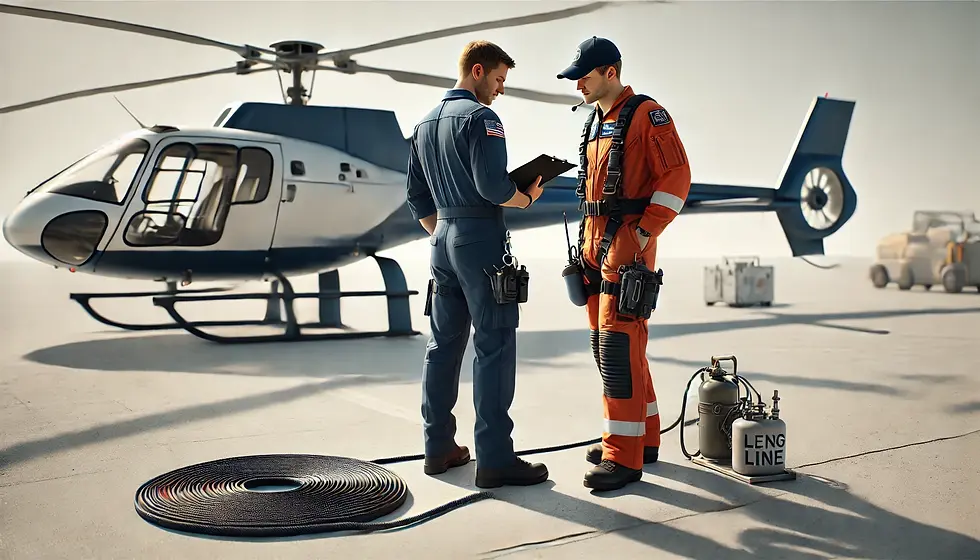 Pilot and ground crew briefing for long line operations, reviewing checklist with external load long line equipment beside a helicopter.