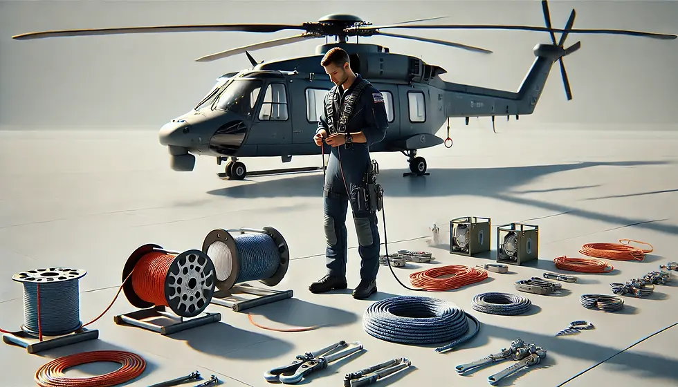 Helicopter pilot performing pre-use inspection of long line gear, examining ropes, cargo hooks, and rigging for safety in external load operations.