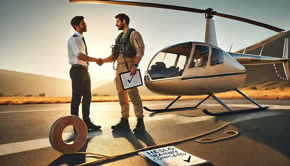 Pilot completing HESLO helicopter external sling load training, receiving instructor approval with signed logbook and certificate beside a training helicopter.