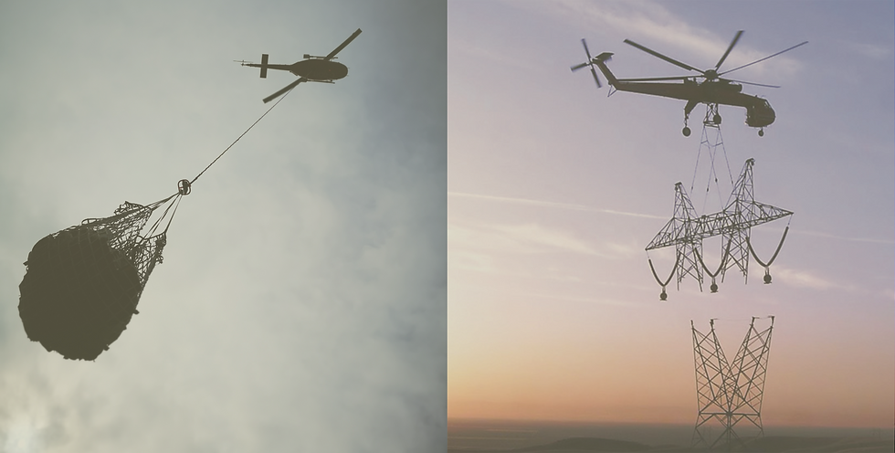Comparison of simple helicopter net load transport versus advanced long line operation placing a tower section with high precision and ground crew coordination.