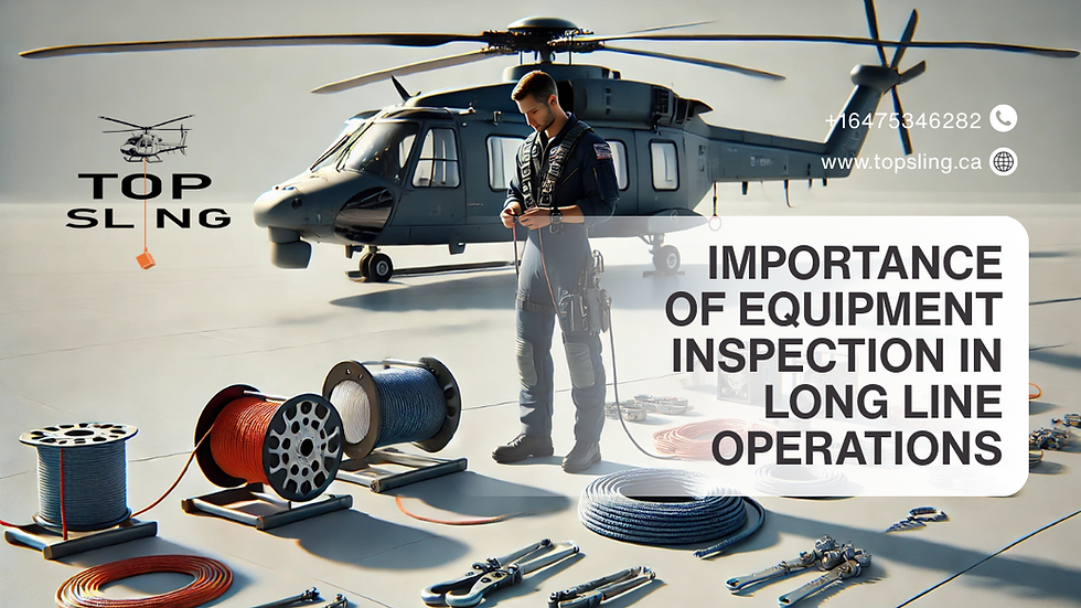 Helicopter pilot performing pre-use inspection of long line gear, examining ropes, cargo hooks, and rigging for safety in external load operations.