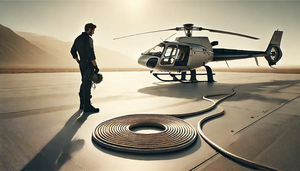 Helicopter pilot evaluating long line training next to a utility helicopter, with coiled long line on the ground at a professional flight training site.