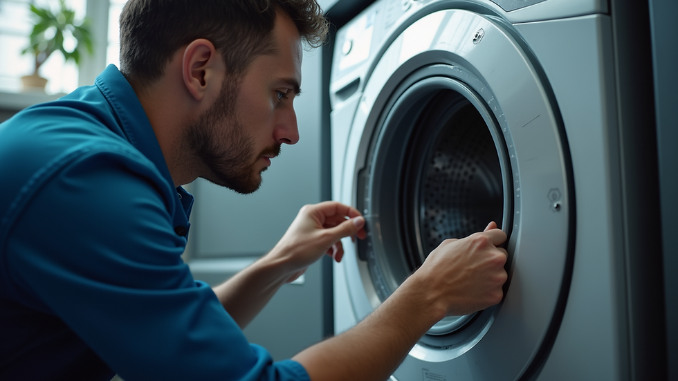 Close-up view of a technician repairing a washing machine