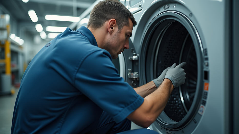 Eye-level view of a technician inspecting a washing machine