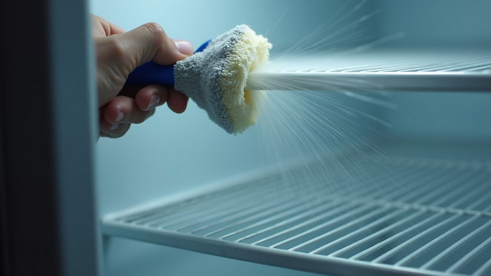 Close-up view of a refrigerator condenser coil being cleaned