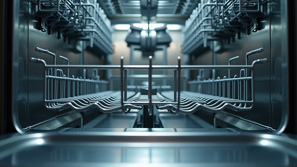 Eye-level view of dishwasher interior with clean racks and spray arms