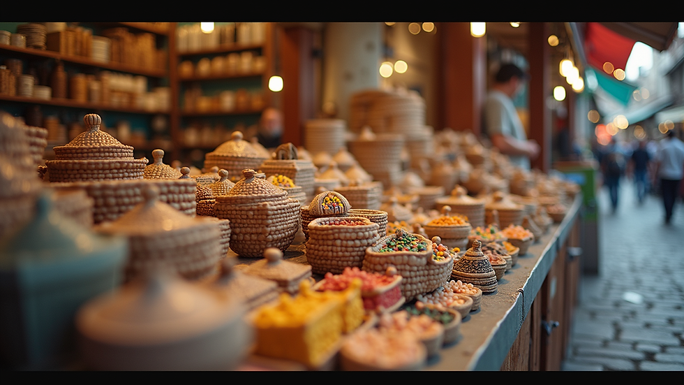 Eye-level view of a vibrant market stall showcasing various handmade products